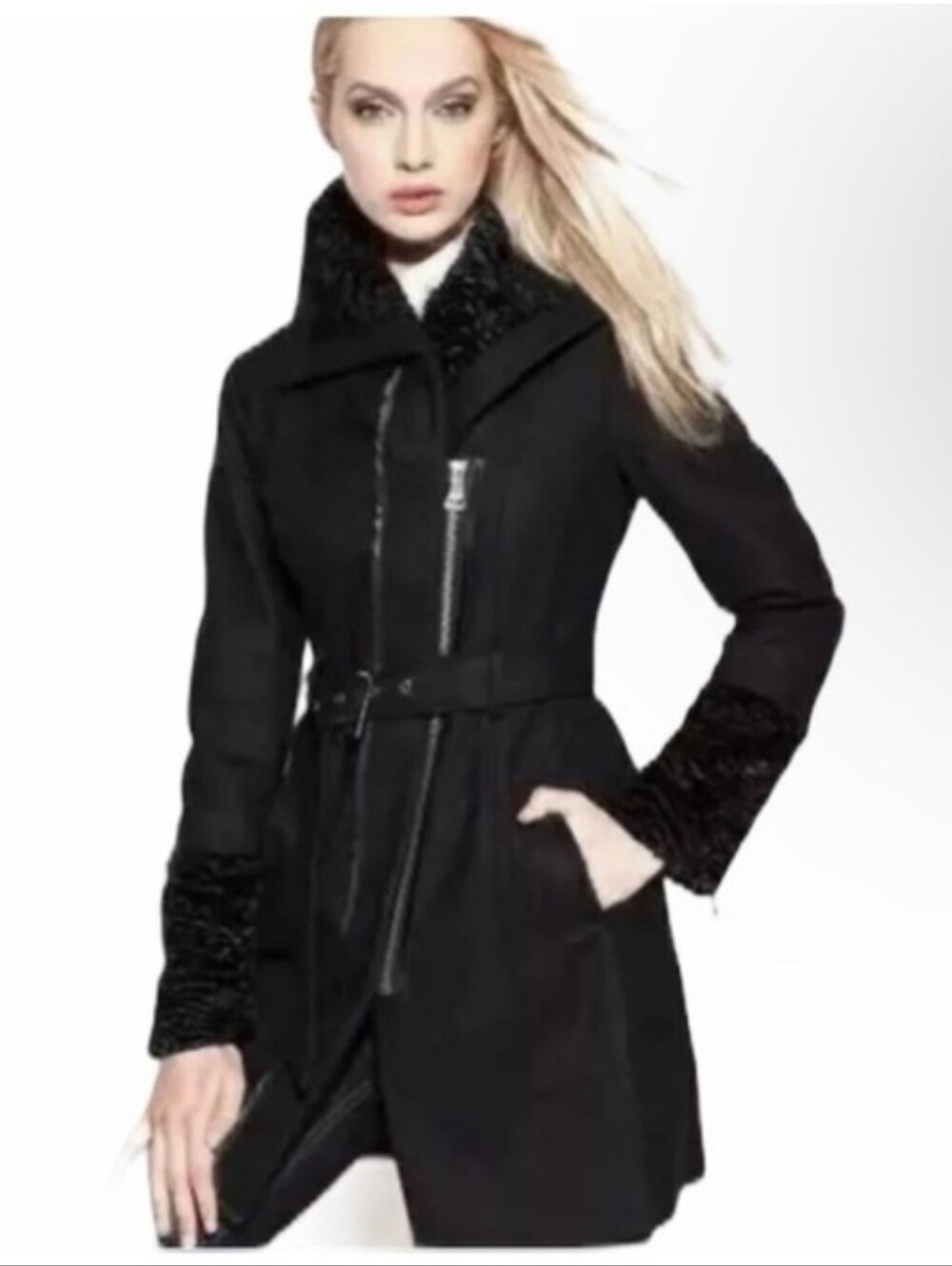 GUESS Black Wool Blend Asymmetrical Faux Fur Trim Belted Coat M EUC